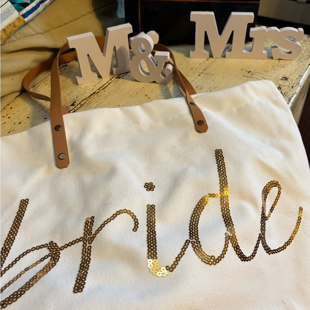 Wedding assortment White Bride Tote Bag with Mr and Mrs tumbler s and signs